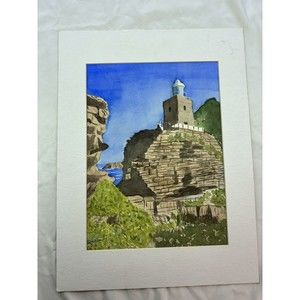 Watercolor Cape Point Lighthouse 1990 Artist Signed W. H. Allaway 11.5x8.5”